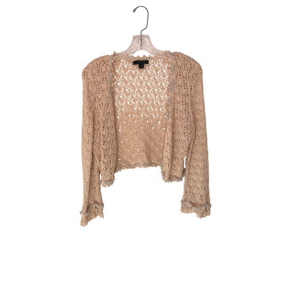 Express Sweaters - Express Cropped Crochet Cardigan Y2K Tan Metallic Coquette Knit Ruffle Large